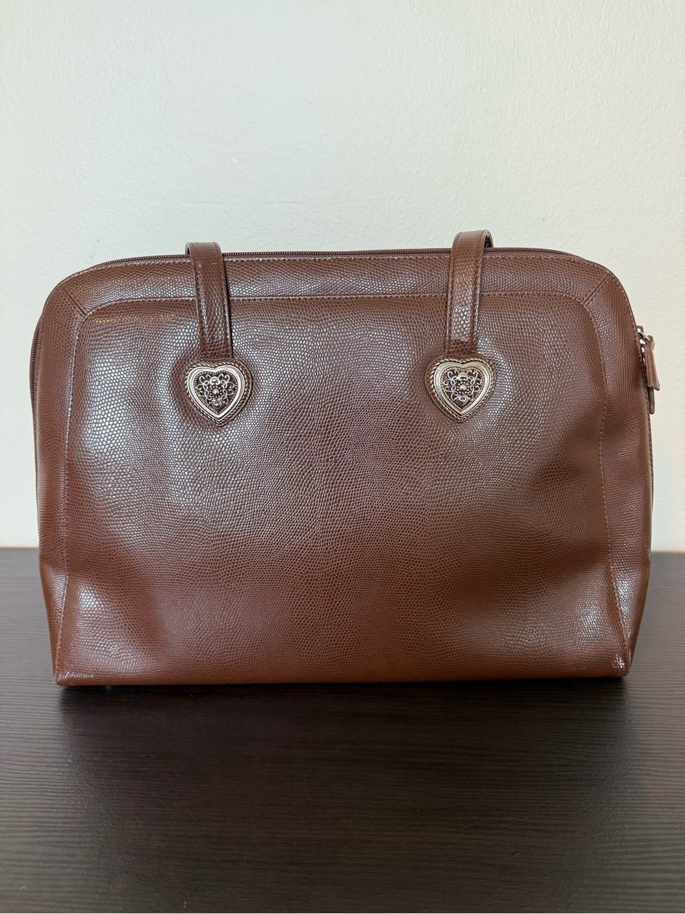 Coldwater Creek Brown Leather Tote with Heart Charm Accents